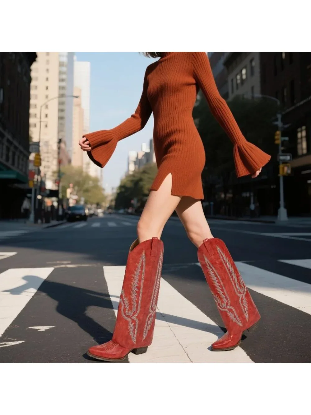 Women's Red Pointed Toe Wedge Heel Side Zipper Knee High Shark Boots